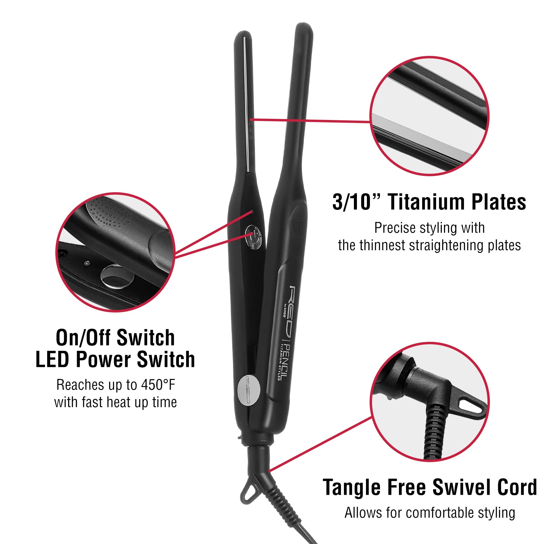 Kiss Products Red Titanium 3/10 Inch Pencil Flat Iron, 1.01 Pound